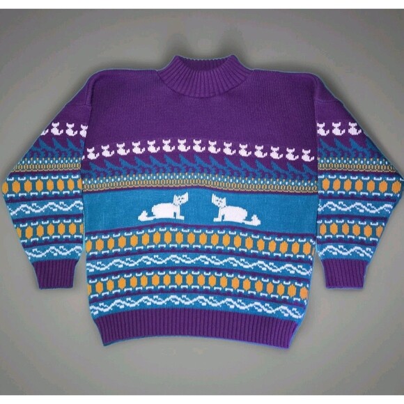 Sweater Vintage 80s Private Eyes Cats AOP Knit Knitted Sweater Size L Wool - Picture 1 of 5
